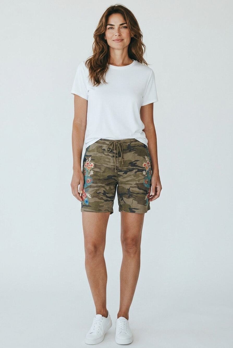 Johnny Was M Burke camo linen shorts floral peacock feather embroidery